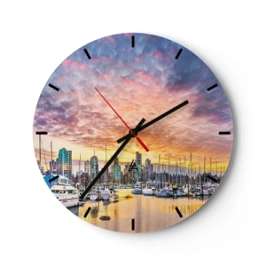 Wanduhr - Glasuhr - Marina mit Booten und Wolkenkratzern im Hintergrund bei Sonnenuntergang - 30x30cm - Die Stadt der tausend Seefahrer - Moderne Wanddekoration für Wohnzimmer, Küche und Schlafzimmer ARTTOR