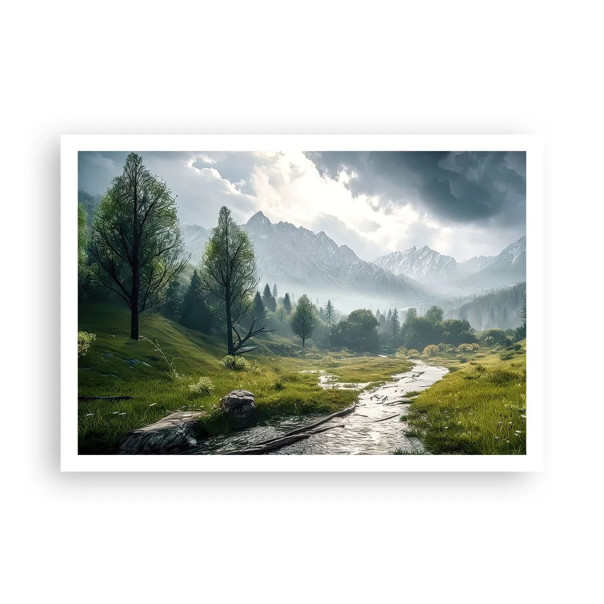 Poster - Eine Berglandschaft mit einem Fluss und Bäumen, umgeben von nebligen Bergen - 100x70cm - Hin und zurück - Moderne Wanddekoration für Wohnzimmer und Schlafzimmer ARTTOR