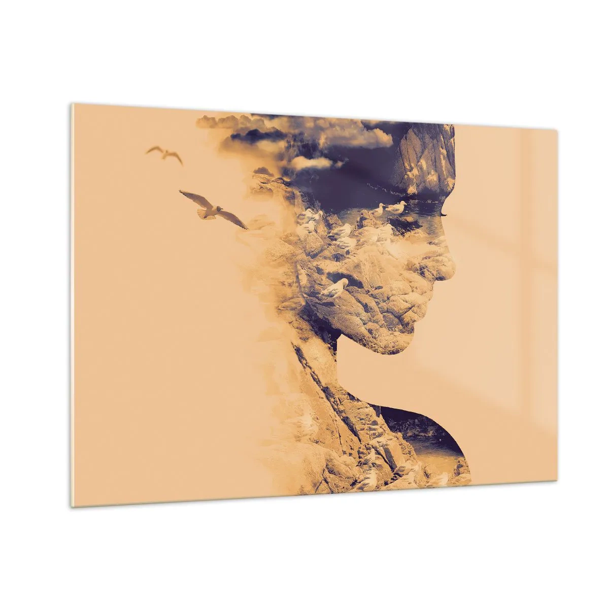 Glasbild - Bild auf glas - Silhouette einer Frau mit Landschaftsmotiv und Vögeln - 100x70cm - Von Natur aus schön - Moderne Wanddekoration für Wohnzimmer und Schlafzimmer ARTTOR