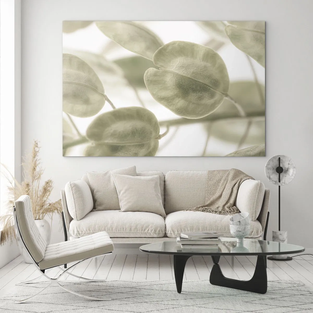 Glasbild - Bild auf glas - Nahaufnahme von Blättern in sanften Pastelltönen von Grün - 70x50cm - Am Anfang waren Blätter... - Moderne Wanddekoration für Wohnzimmer und Schlafzimmer ARTTOR