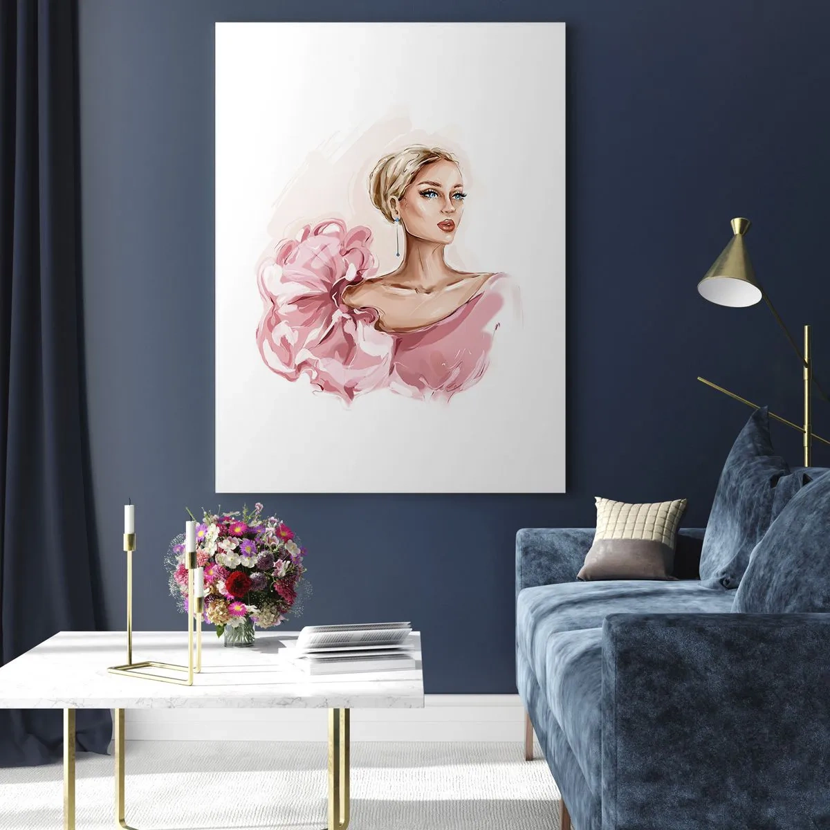Glasbild - Bild auf glas - Stilisiertes Porträt einer Frau in einem rosa Kleid - 50x70cm - Wie gemalt ... - Moderne Wanddekoration für Wohnzimmer und Schlafzimmer ARTTOR