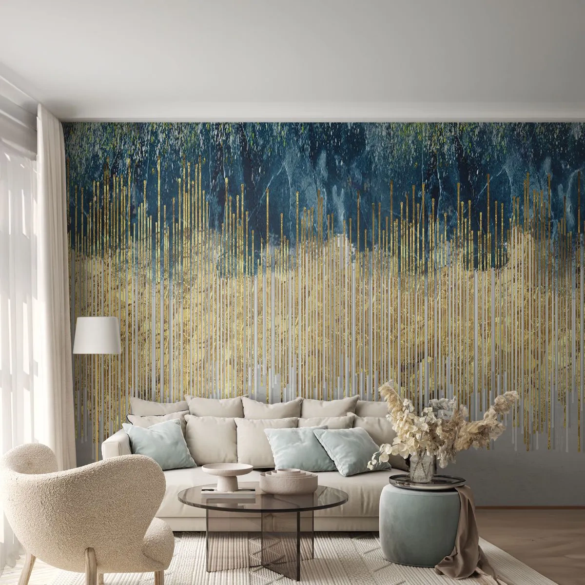 Fototapete Premium Sand - Goldene Linien vor einem marineblau-grauen abstrakten Hintergrund - 100x70cm - Vergoldete Grenze - Moderne Wanddekoration für Wohnzimmer und Schlafzimmer ARTTOR