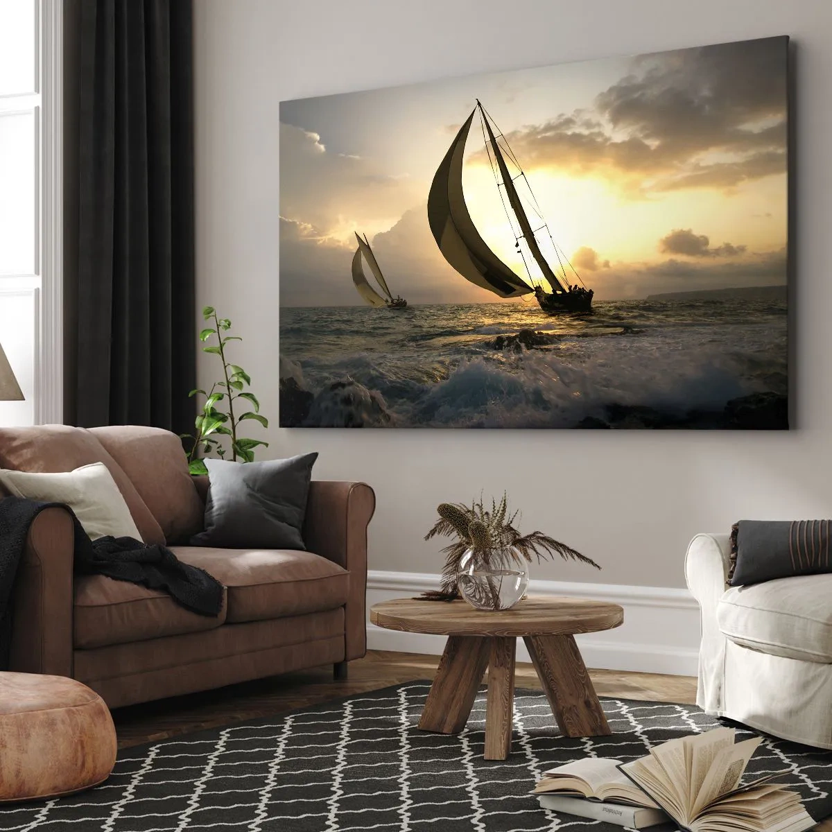 Bild auf Leinwand - Leinwandbild - Segelboote auf See bei Sonnenuntergang - 70x50cm - Mit dem Wind und gegen den Wind - Moderne Wanddekoration für Wohnzimmer und Schlafzimmer ARTTOR