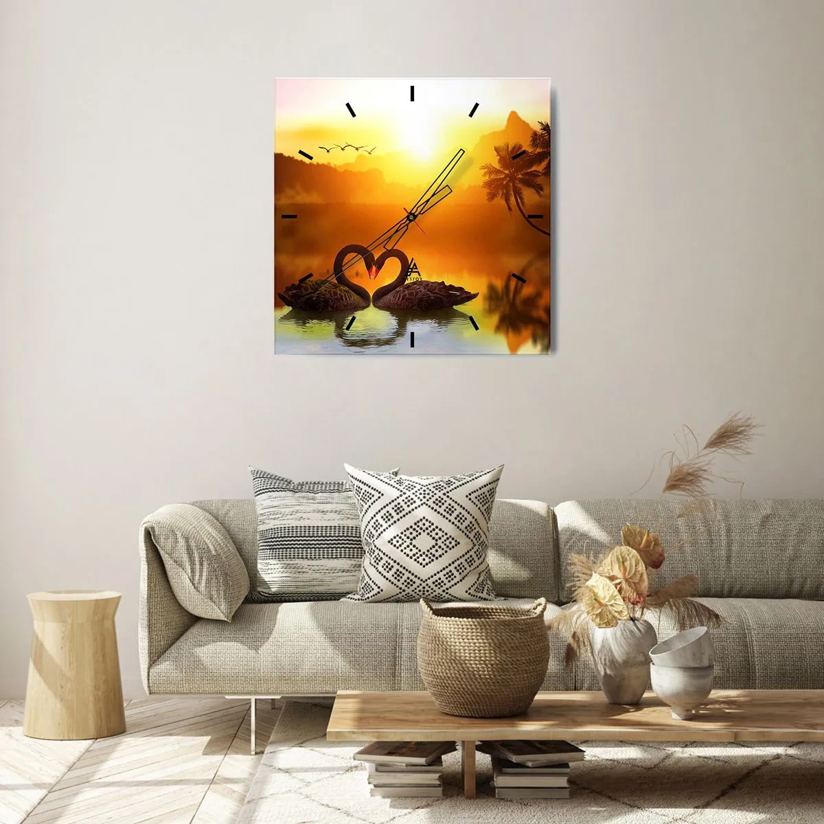 Wanduhr - Glasuhr - Zwei schwarze Schwäne bilden ein Herz vor dem Hintergrund eines Sonnenuntergangs am See - 30x30cm - Alles passt zusammen - Moderne Wanddekoration für Wohnzimmer und Schlafzimmer ARTTOR