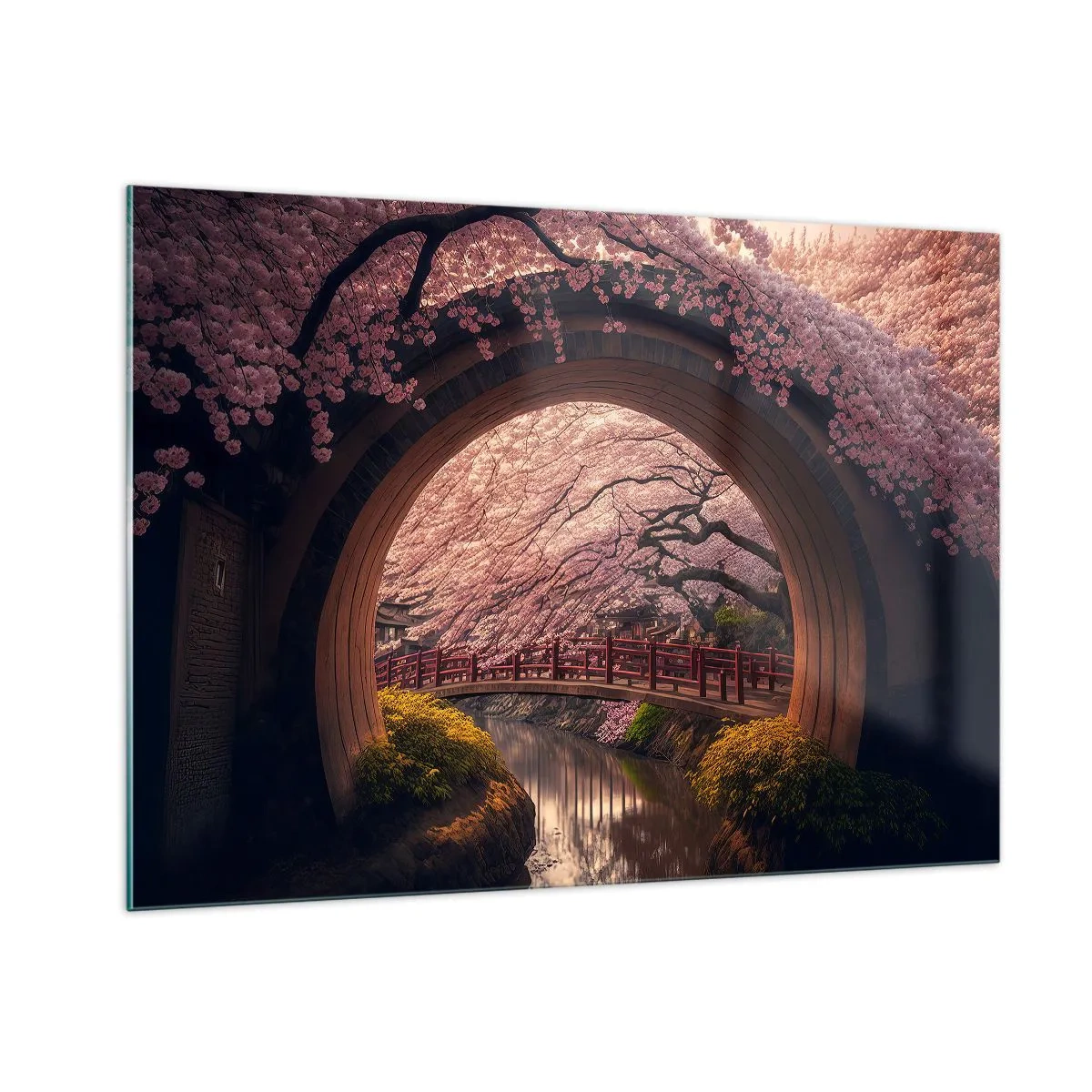Glasbild - Bild auf glas - Kirschblüten und eine japanische Brücke durch das runde Tor gesehen - 100x70cm - Japanischer Frühling - Moderne Wanddekoration für Wohnzimmer und Schlafzimmer ARTTOR