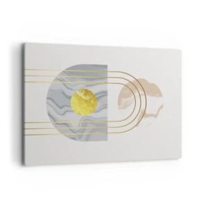 Bild auf Leinwand - Leinwandbild - Abstrakte Komposition mit Kreisen und goldenen Linien auf hellem Hintergrund. - 100x70cm - Helligkeit und Brillanz - Moderne Wanddekoration für Wohnzimmer und Schlafzimmer ARTTOR