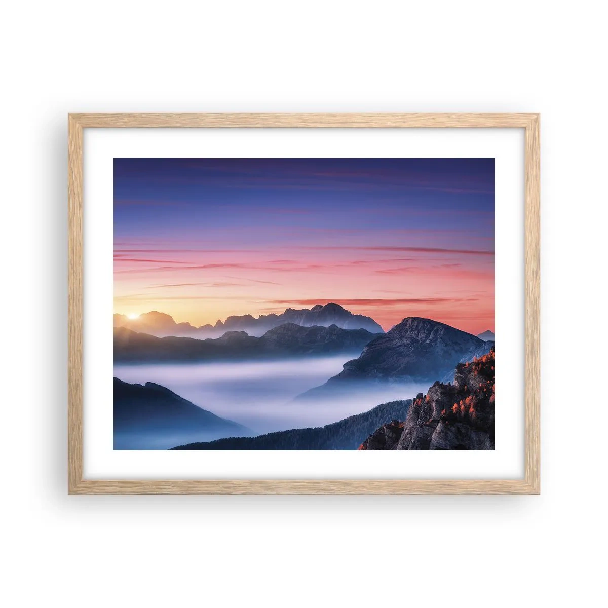 Poster in einem Rahmen aus heller Eiche - Über die Täler - 50x40 cm