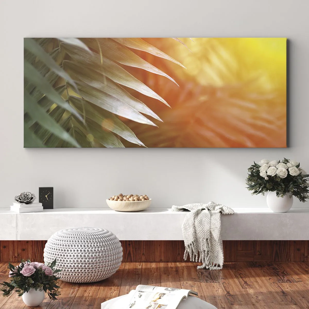 Bild auf Leinwand - Leinwandbild - Palmblätter in den Strahlen des Sonnenuntergangs - 160x50cm - Morgen im Dschungel - Moderne Wanddekoration für Wohnzimmer und Schlafzimmer ARTTOR