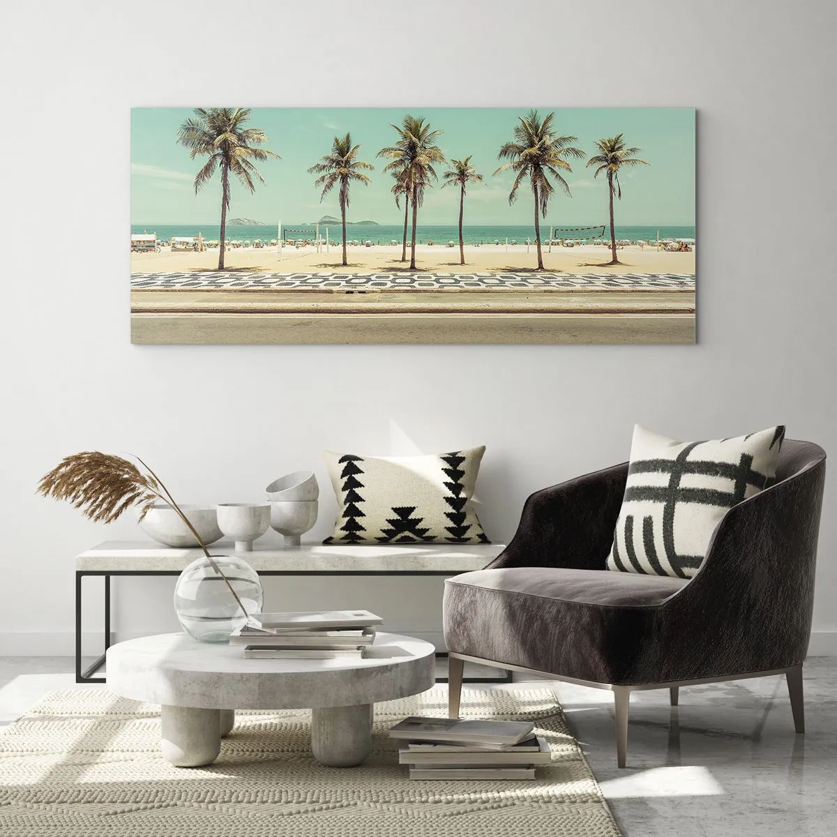 Glasbild - Bild auf glas - Palmen am Strand mit Blick auf das Meer und den blauen Himmel - 120x50cm - Beim Bewachen des Strandes - Moderne Wanddekoration für Wohnzimmer und Schlafzimmer ARTTOR