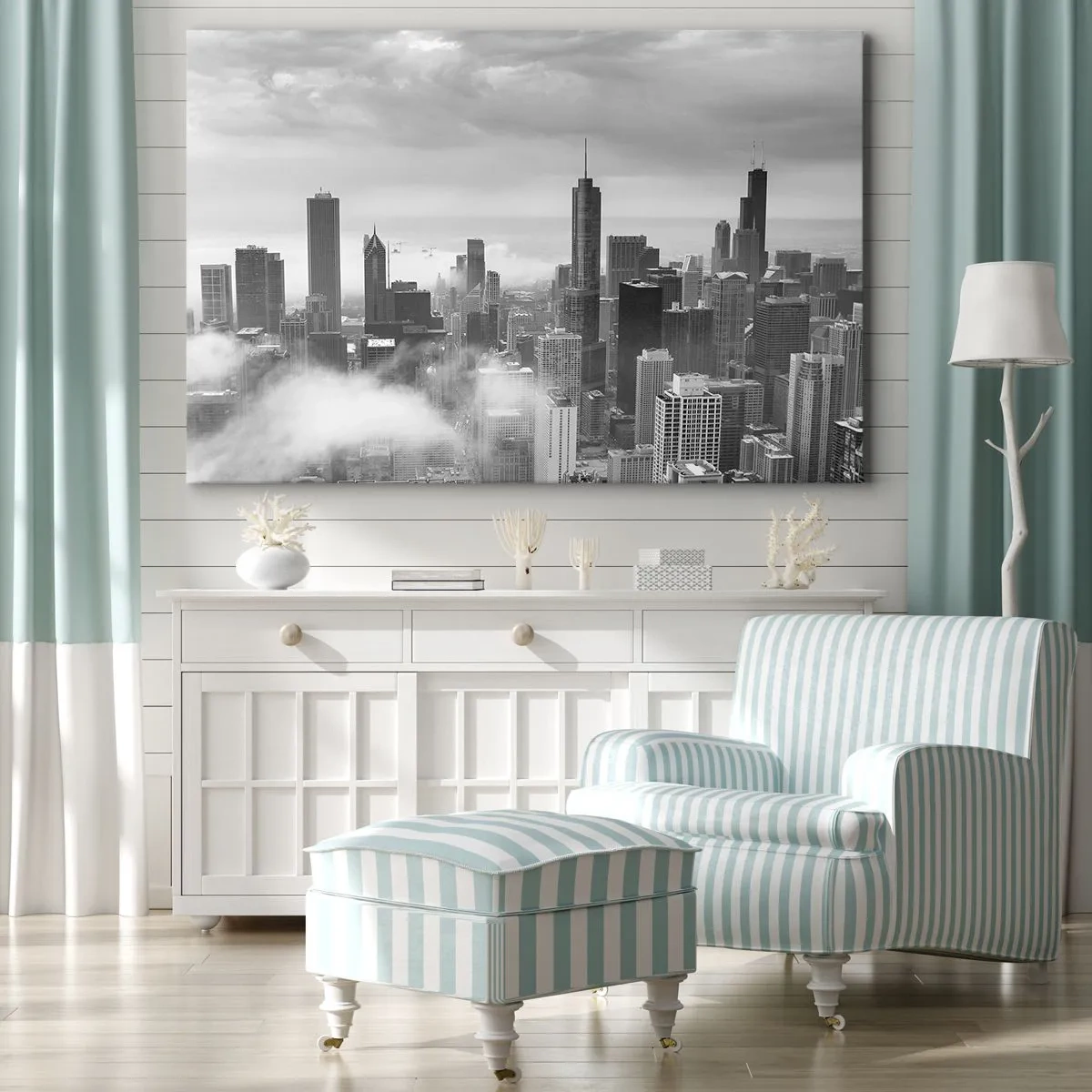 Bild auf Leinwand - Leinwandbild - Stadtpanorama mit Wolkenkratzern in den Wolken in Schwarzweiß - 120x80cm - Amerikanische Landschaft - Moderne Wanddekoration für Wohnzimmer und Schlafzimmer ARTTOR