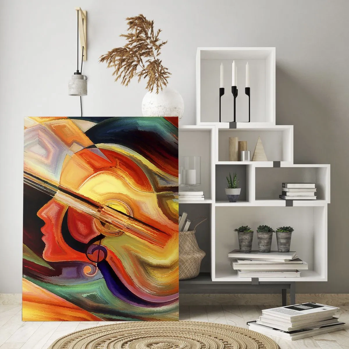 Glasbild - Bild auf glas - Abstraktes Porträt mit einer Gitarre und Musiknoten im Hintergrund - 50x70cm - Alles ist gut - Moderne Wanddekoration für Wohnzimmer und Schlafzimmer ARTTOR