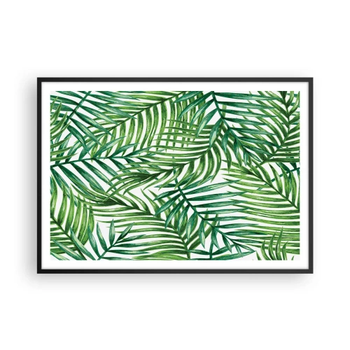 Poster in einem schwarzem Rahmen - Grüne tropische Palmblätter auf hellem Hintergrund - 100x70cm - Unter dem grünen Baldachin - Moderne Wanddekoration für Wohnzimmer und Schlafzimmer ARTTOR