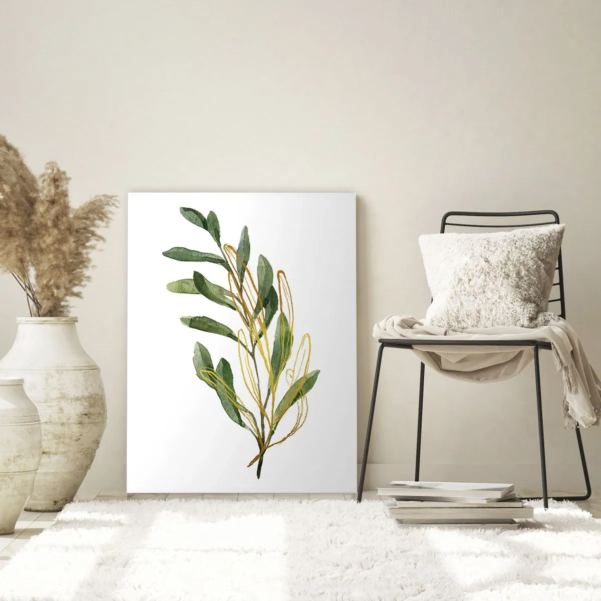 Glasbild - Bild auf glas - Ein grüner Zweig mit einem zarten goldenen Akzent - 50x70cm - Alles was gut ist - Moderne Wanddekoration für Wohnzimmer und Schlafzimmer ARTTOR