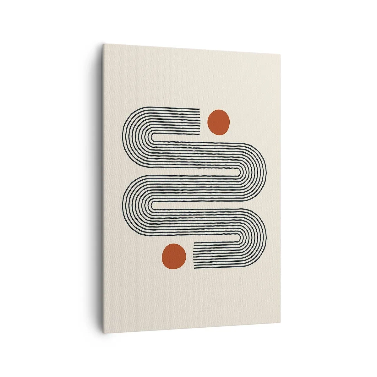 Bild auf Leinwand - Leinwandbild - Geometrisches Muster mit Linien und orangefarbenen Kreisen - 70x100cm - Vom Anfang bis zum Ende - Moderne Wanddekoration für Wohnzimmer und Schlafzimmer ARTTOR