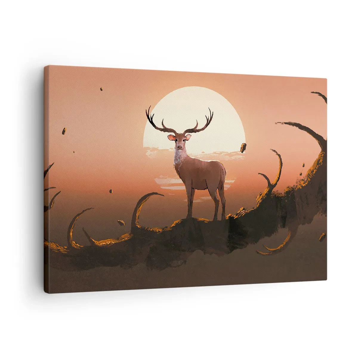 Bild auf Leinwand - Leinwandbild - Ein Hirsch vor dem Hintergrund der untergehenden Sonne und einer surrealen Landschaft - 70x50cm - Diese Nacht ist anders als jede andere - Moderne Wanddekoration für Wohnzimmer und Schlafzimmer ARTTOR