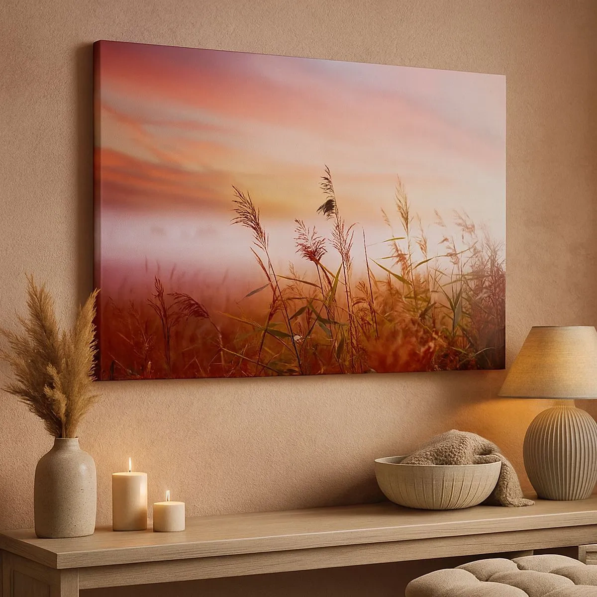 Bild auf Leinwand - Leinwandbild - Ein Grasfeld vor der Kulisse eines malerischen Sonnenuntergangs - 70x50cm - Drachen, Löwenzahn, Wind - Moderne Wanddekoration für Wohnzimmer und Schlafzimmer ARTTOR