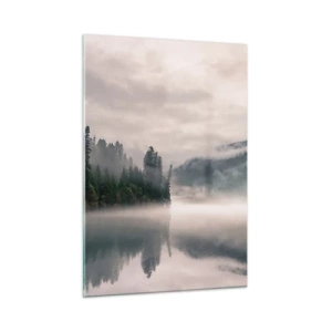 Glasbild - Bild auf glas - Morgendlicher Blick auf einen See im Wald, in Nebel gehüllt - 50x70cm - In Reflexion, im Nebel - Moderne Wanddekoration für Wohnzimmer und Schlafzimmer ARTTOR