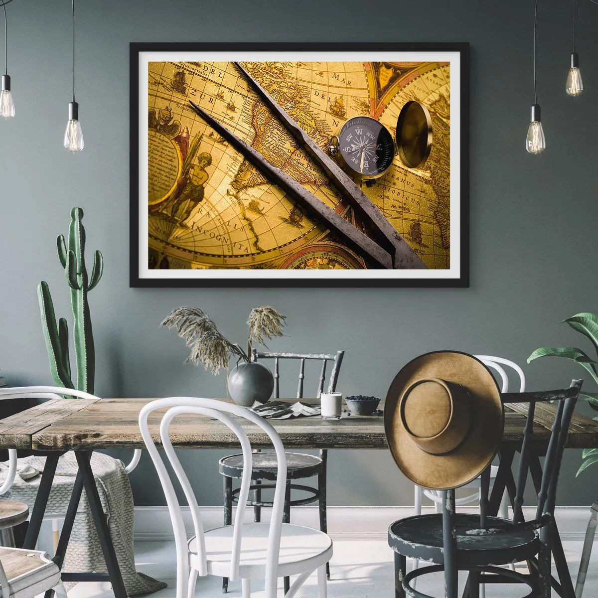 Poster in einem schwarzem Rahmen - Eine antike Weltkarte mit einem Kompass und einem Zirkel im Hintergrund - 100x70cm - Wo sind diese Schätze? - Moderne Wanddekoration für Wohnzimmer und Schlafzimmer ARTTOR