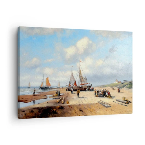 Bild auf Leinwand - Leinwandbild - Fischerboote am Strand mit menschlichen Figuren - 70x50cm - Nach einem erfolgreichen Fischfang - Moderne Wanddekoration für Wohnzimmer und Schlafzimmer ARTTOR
