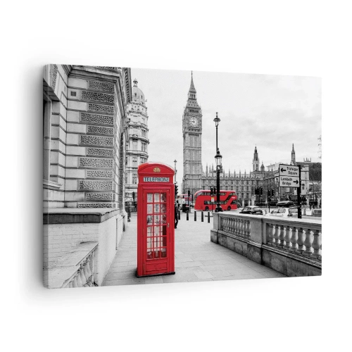 Bild auf Leinwand - Leinwandbild - Eine rote Telefonzelle mit Big Ben im Hintergrund in London - 70x50cm - London, ohne Zweifel - Moderne Wanddekoration für Wohnzimmer und Schlafzimmer ARTTOR