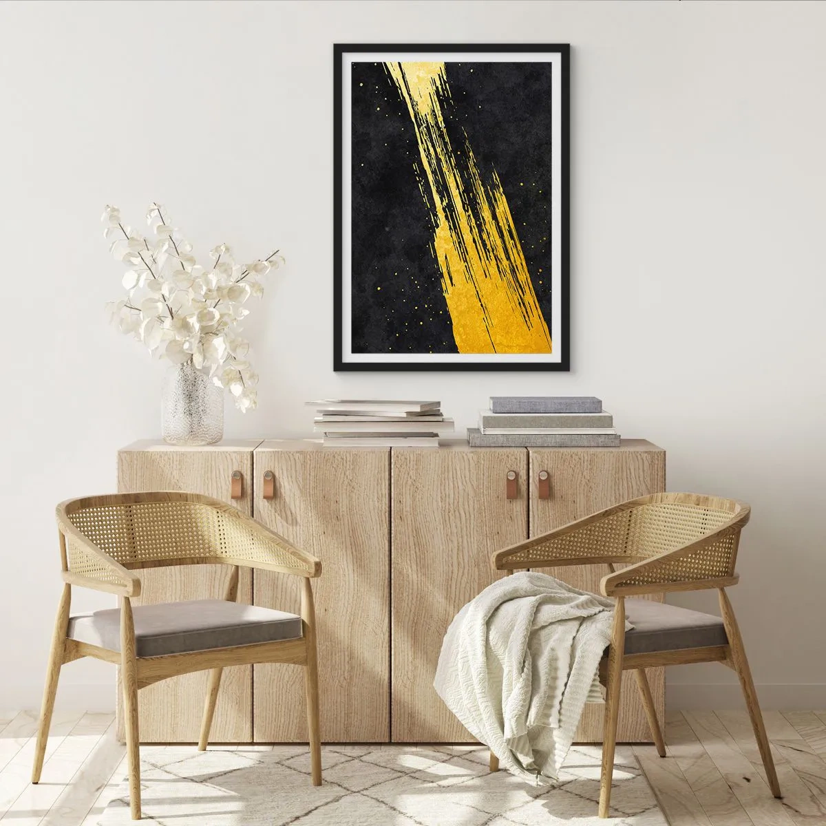 Poster in einem schwarzem Rahmen - Goldene Pinselstriche auf schwarzem Hintergrund - 50x70cm - Sprung in den Hyperraum - Moderne Wanddekoration für Wohnzimmer und Schlafzimmer ARTTOR