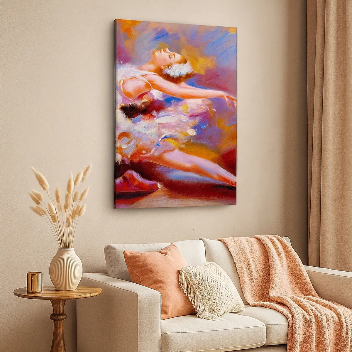 Bild auf Leinwand - Leinwandbild - Eine Ballerina in dynamischer Pose inmitten von Pastellfarben. - 50x70cm - Schwan Gnade - Moderne Wanddekoration für Wohnzimmer und Schlafzimmer ARTTOR