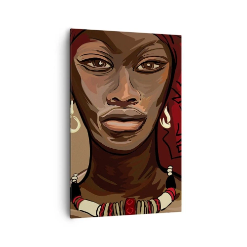 Bild auf Leinwand - Leinwandbild - Porträt einer Frau mit rotem Turban auf beigem Hintergrund - 80x120cm - Venus aus Ebenholz  - Moderne Wanddekoration für Wohnzimmer und Schlafzimmer ARTTOR