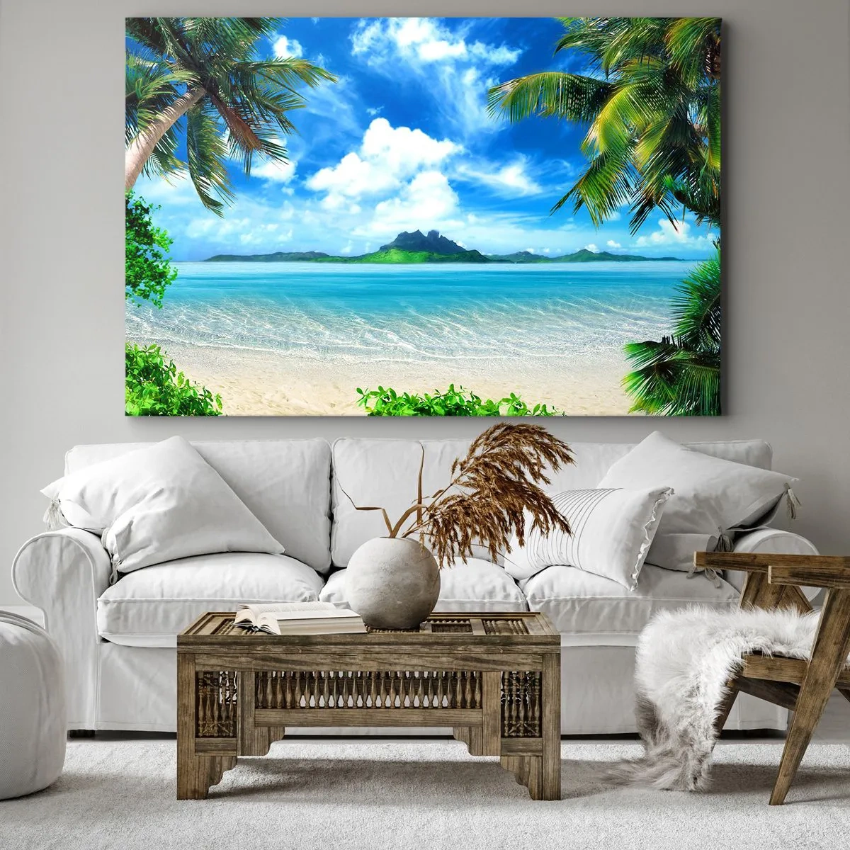 Bild auf Leinwand - Leinwandbild - Tropischer Strand mit Palmen und Blick auf die Insel - 100x70cm - Das Azurblau der Tropen - Moderne Wanddekoration für Wohnzimmer und Schlafzimmer ARTTOR