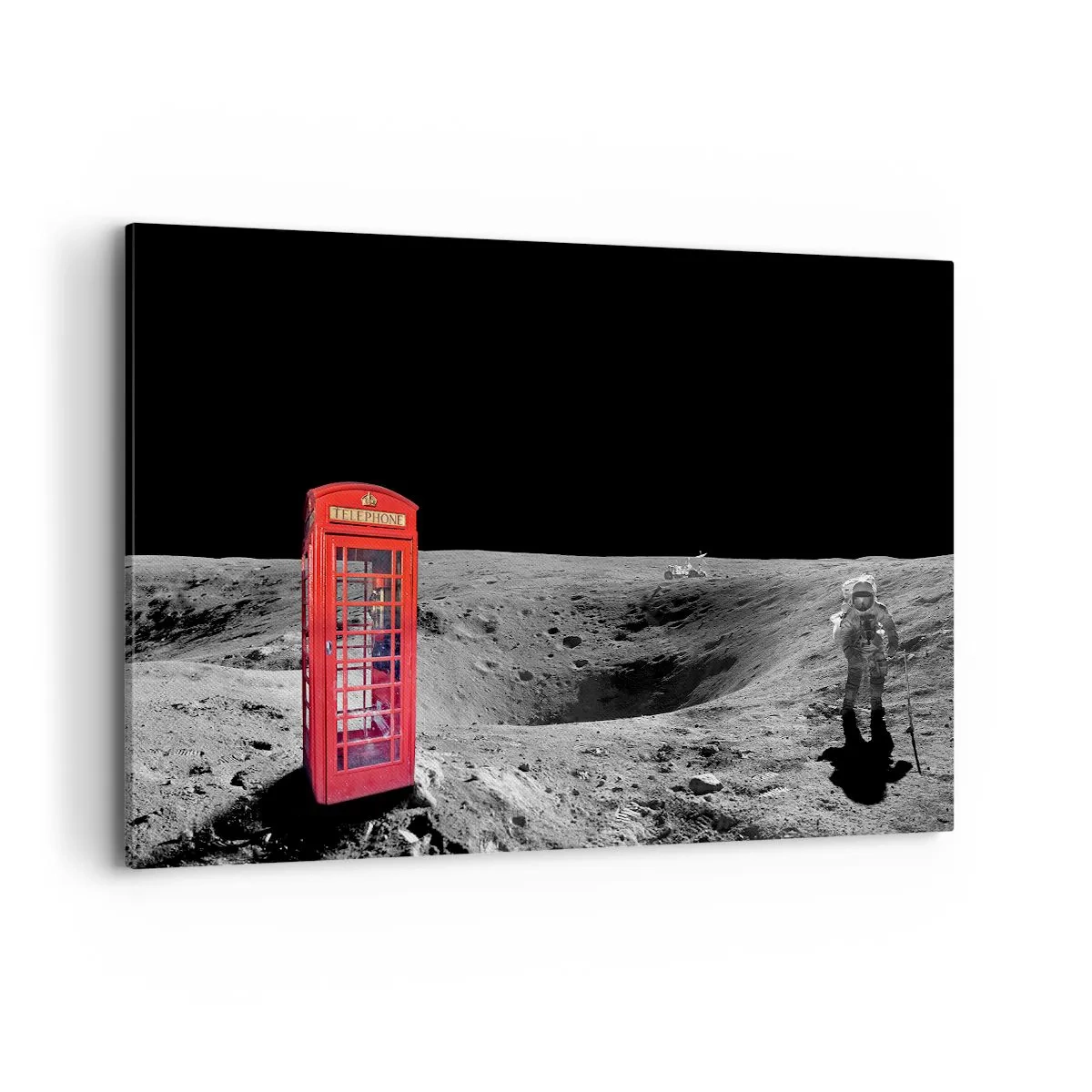 Bild auf Leinwand - Leinwandbild - Rote Telefonzelle auf dem Mond - 120x80cm - Ein kosmischer Witz - Moderne Wanddekoration für Wohnzimmer und Schlafzimmer ARTTOR