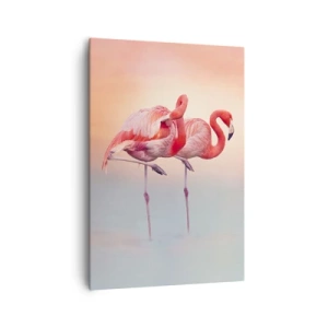Bild auf Leinwand - Leinwandbild - Flamingos in zarten Pastellfarben auf Wasserhintergrund - 70x100cm - Die Farbe der untergehenden Sonne - Moderne Wanddekoration für Wohnzimmer und Schlafzimmer ARTTOR