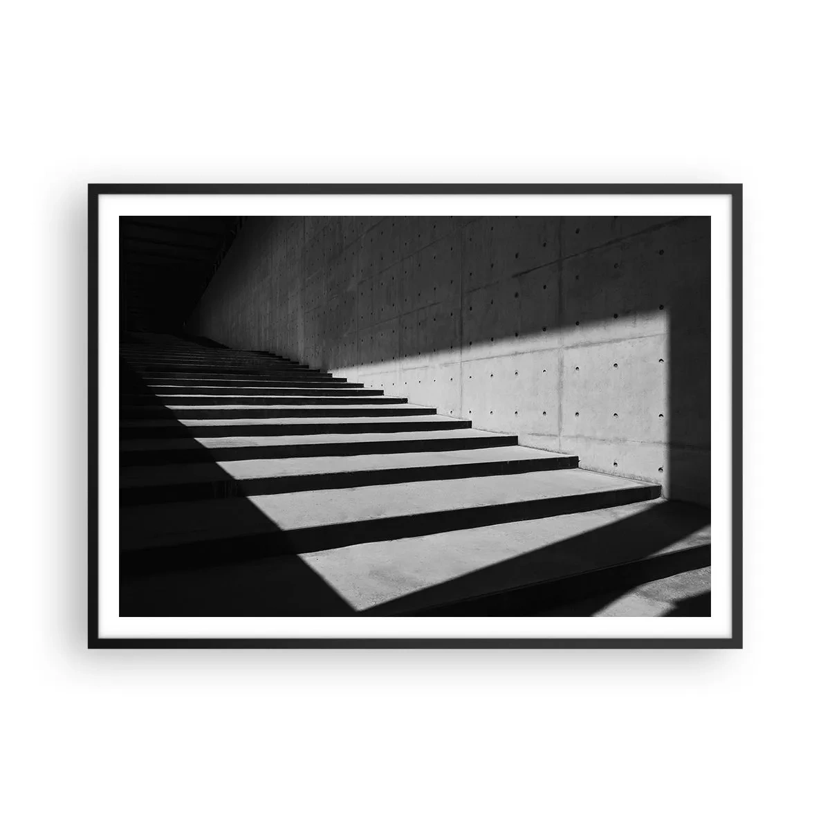 Poster in einem schwarzem Rahmen - Treppe im minimalistischen Stil in Schwarz und Weiß - 100x70cm - Rohe Schönheit des Modernismus - Moderne Wanddekoration für Wohnzimmer und Schlafzimmer ARTTOR