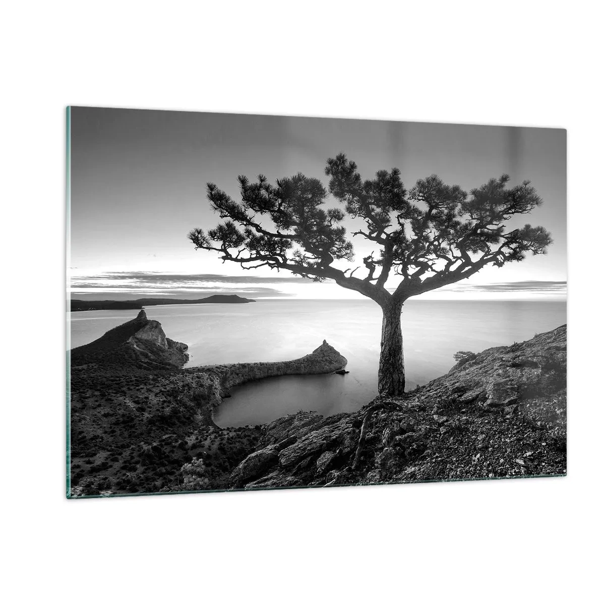 Glasbild - Bild auf glas - Ein Baum auf einer Klippe mit Blick auf die Bucht - 120x80cm - Stille bis zum Horizont - Moderne Wanddekoration für Wohnzimmer und Schlafzimmer ARTTOR