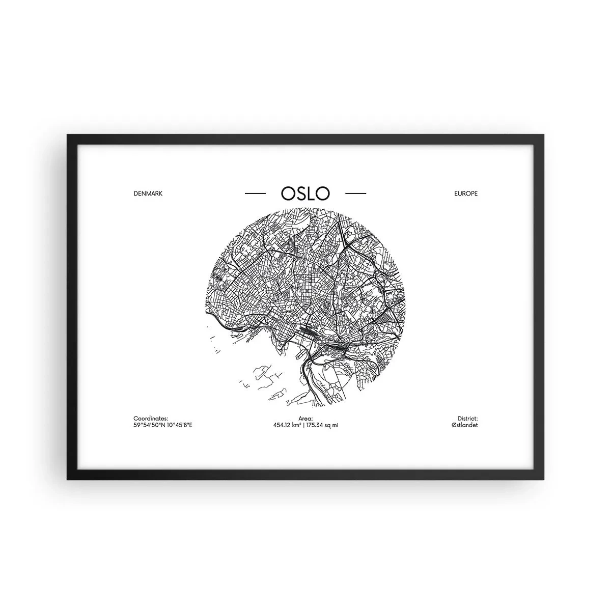 Poster in einem schwarzem Rahmen - Eine Karte von Oslo im minimalistischen Schwarz-Weiß-Stil. - 70x50cm - Anatomie von Oslo - Moderne Wanddekoration für Wohnzimmer und Schlafzimmer ARTTOR