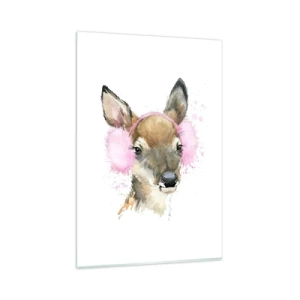 Glasbild - Bild auf glas - Aquarell Hirsch in rosa Ohrenschützern - 80x120cm - Und der Frost ist nicht mehr schrecklich - Moderne Wanddekoration für Wohnzimmer und Schlafzimmer ARTTOR