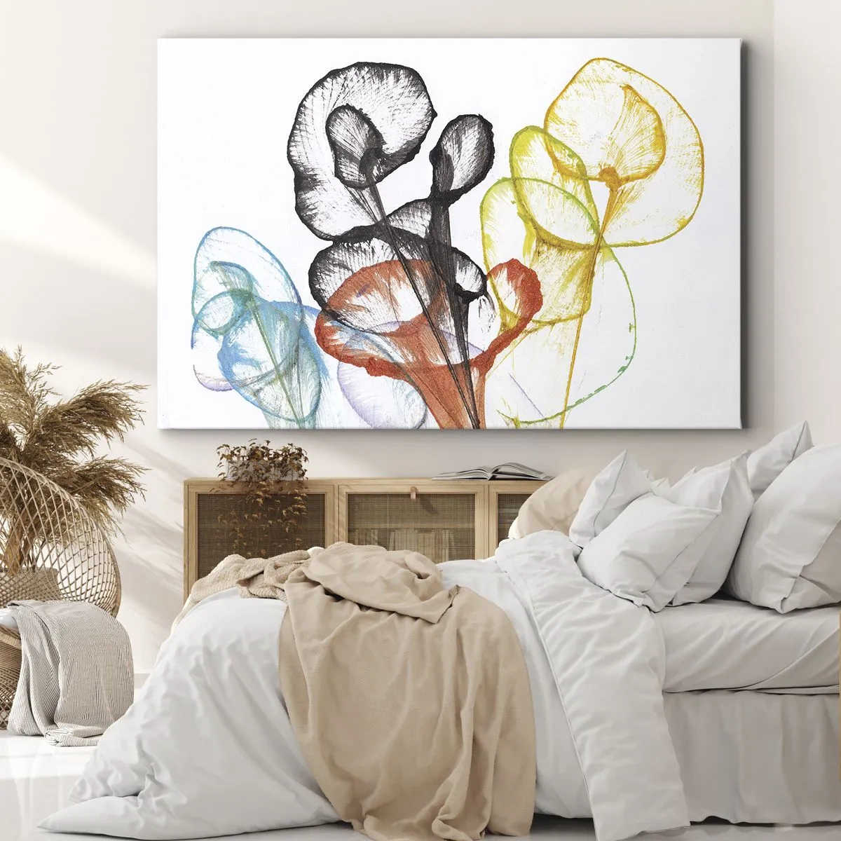 Bild auf Leinwand - Leinwandbild - Bunte transparente Blumen auf weißem Hintergrund - 70x50cm - Blumen mit Seele - Moderne Wanddekoration für Wohnzimmer und Schlafzimmer ARTTOR