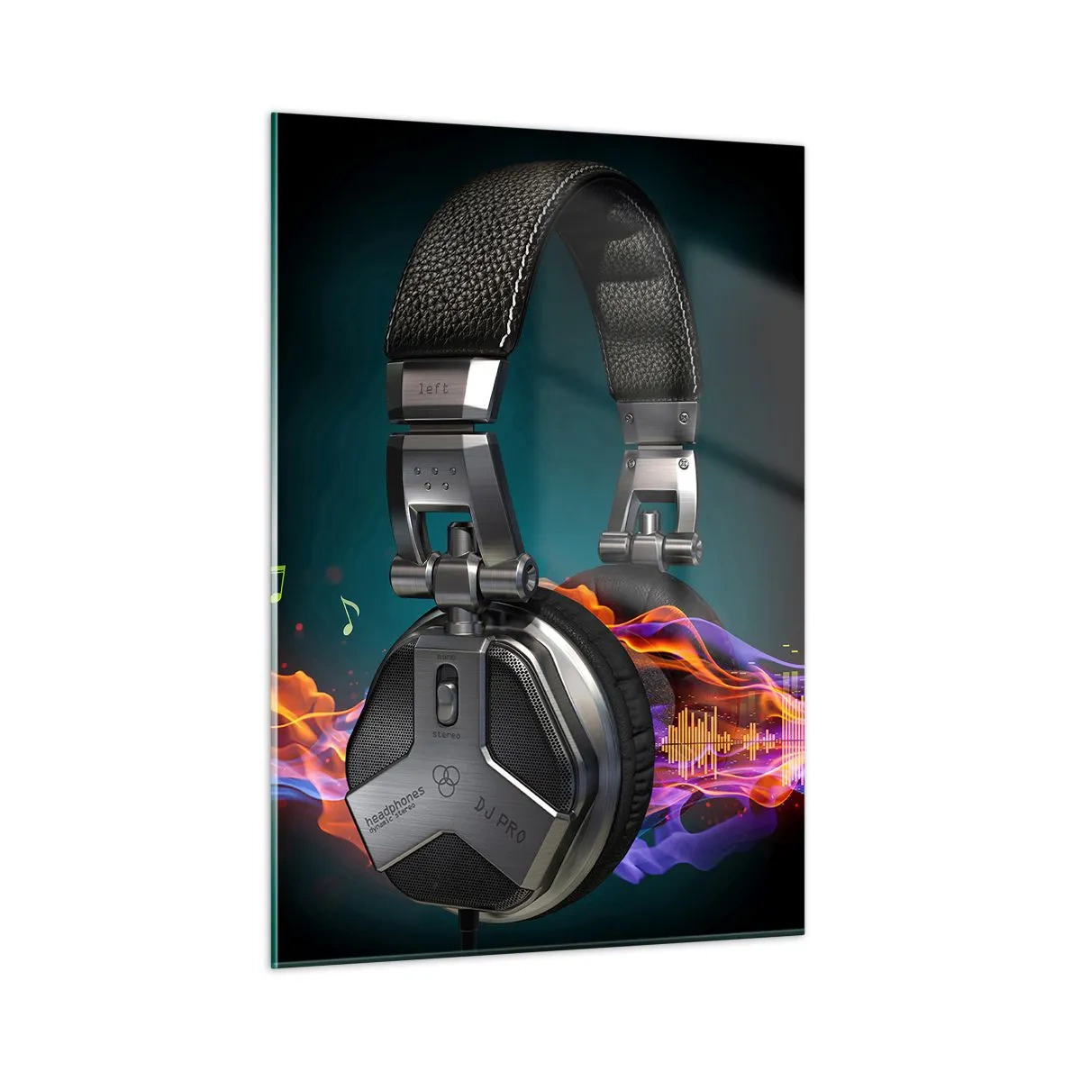 Glasbild - Bild auf glas - DJ-Kopfhörer mit bunten Schallwellen und Musiknoten - 50x70cm - Feuer der Musik - Moderne Wanddekoration für Wohnzimmer und Schlafzimmer ARTTOR