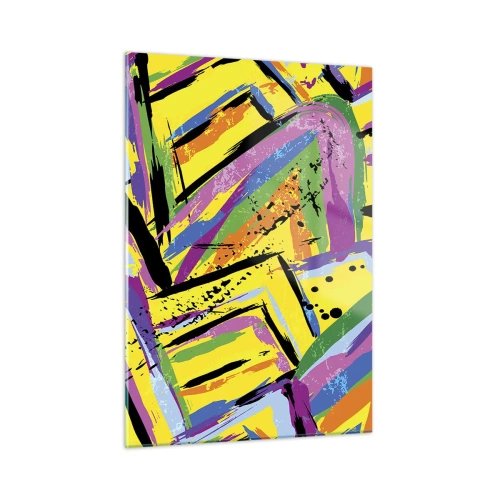 Glasbild - Bild auf glas - Intensive Abstraktion in leuchtenden Farben auf gelbem Hintergrund - 50x70cm - Bis sie vor Freude schreit - Moderne Wanddekoration für Wohnzimmer und Schlafzimmer ARTTOR