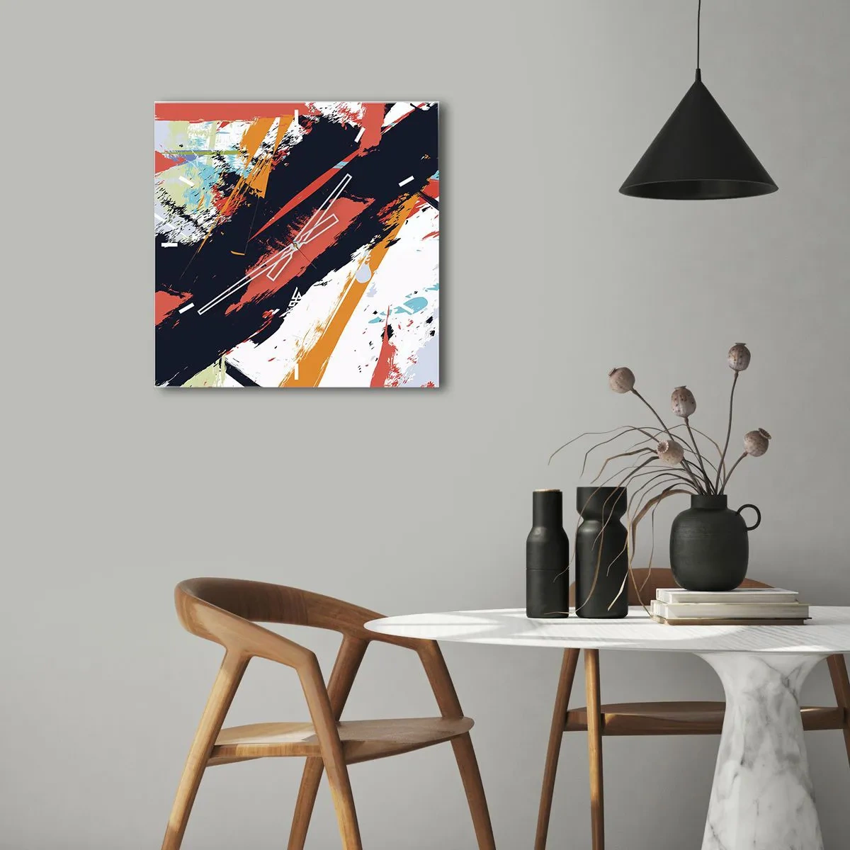 Wanduhr - Glasuhr - Abstrakte Pinselstriche in leuchtenden Farben - 30x30cm - Dynamische Komposition - Moderne Wanddekoration für Wohnzimmer und Schlafzimmer ARTTOR
