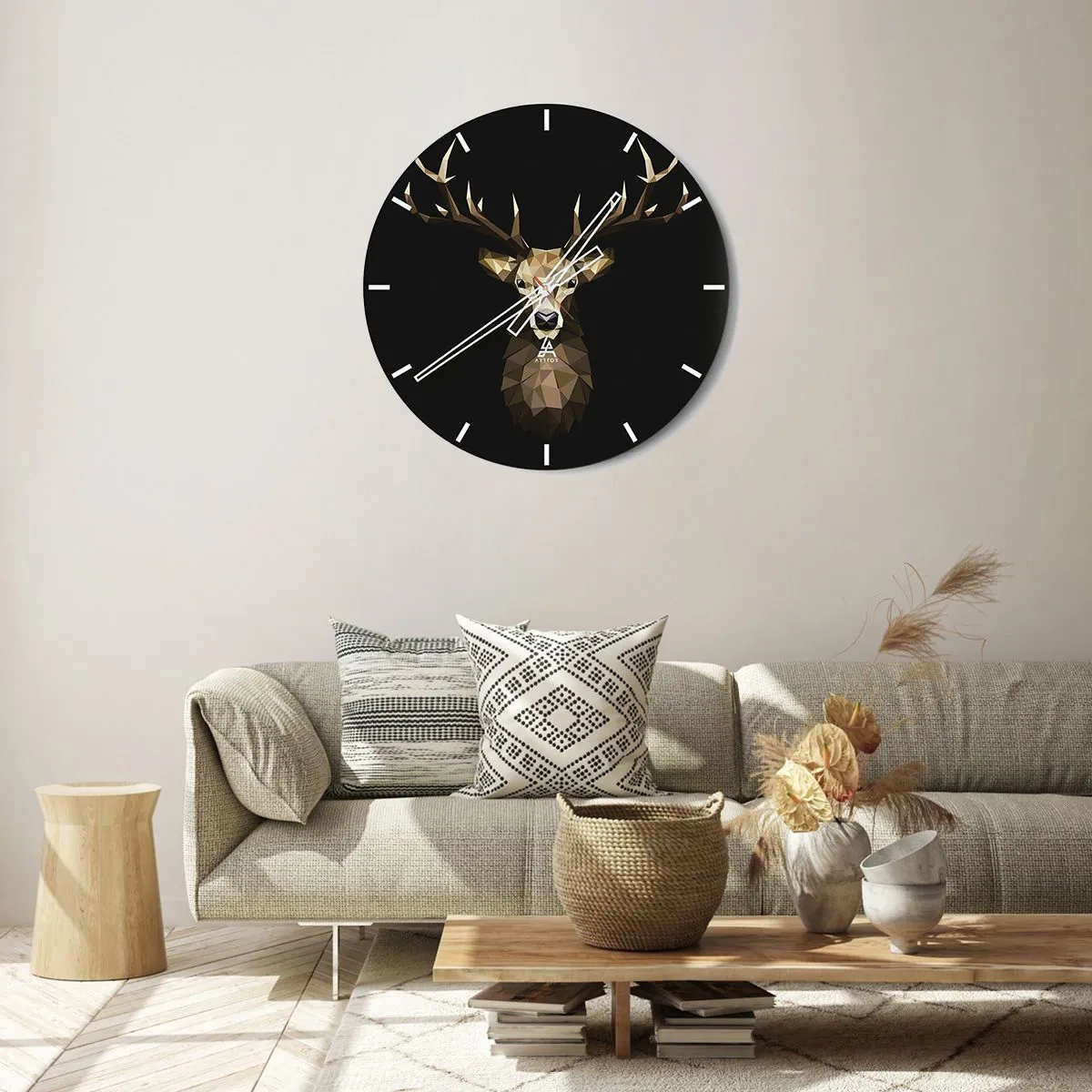 Wanduhr - Glasuhr - Geometrisches Bild eines Hirsches auf schwarzem Hintergrund - 30x30cm - Kubistischer Hirsch - Moderne Wanddekoration für Wohnzimmer, Küche und Schlafzimmer ARTTOR