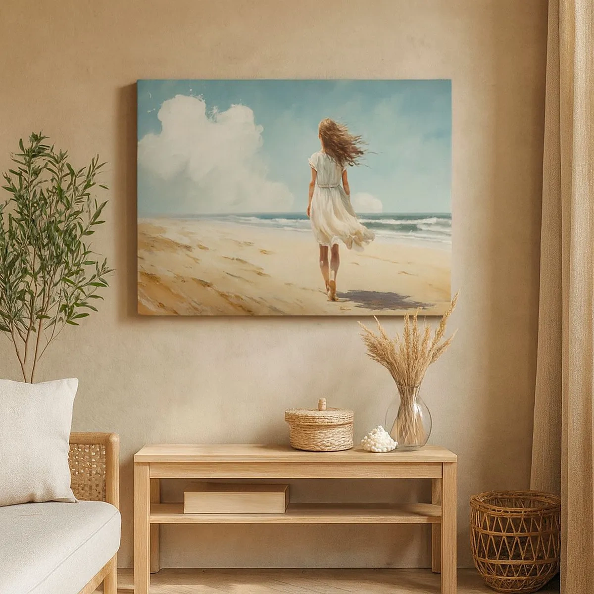 Bild auf Leinwand - Leinwandbild - Eine Frau in einem weißen Kleid geht an einem sonnigen Tag am Strand spazieren - 70x50cm - Der Sonne und dem Wind begegnen - Moderne Wanddekoration für Wohnzimmer und Schlafzimmer ARTTOR