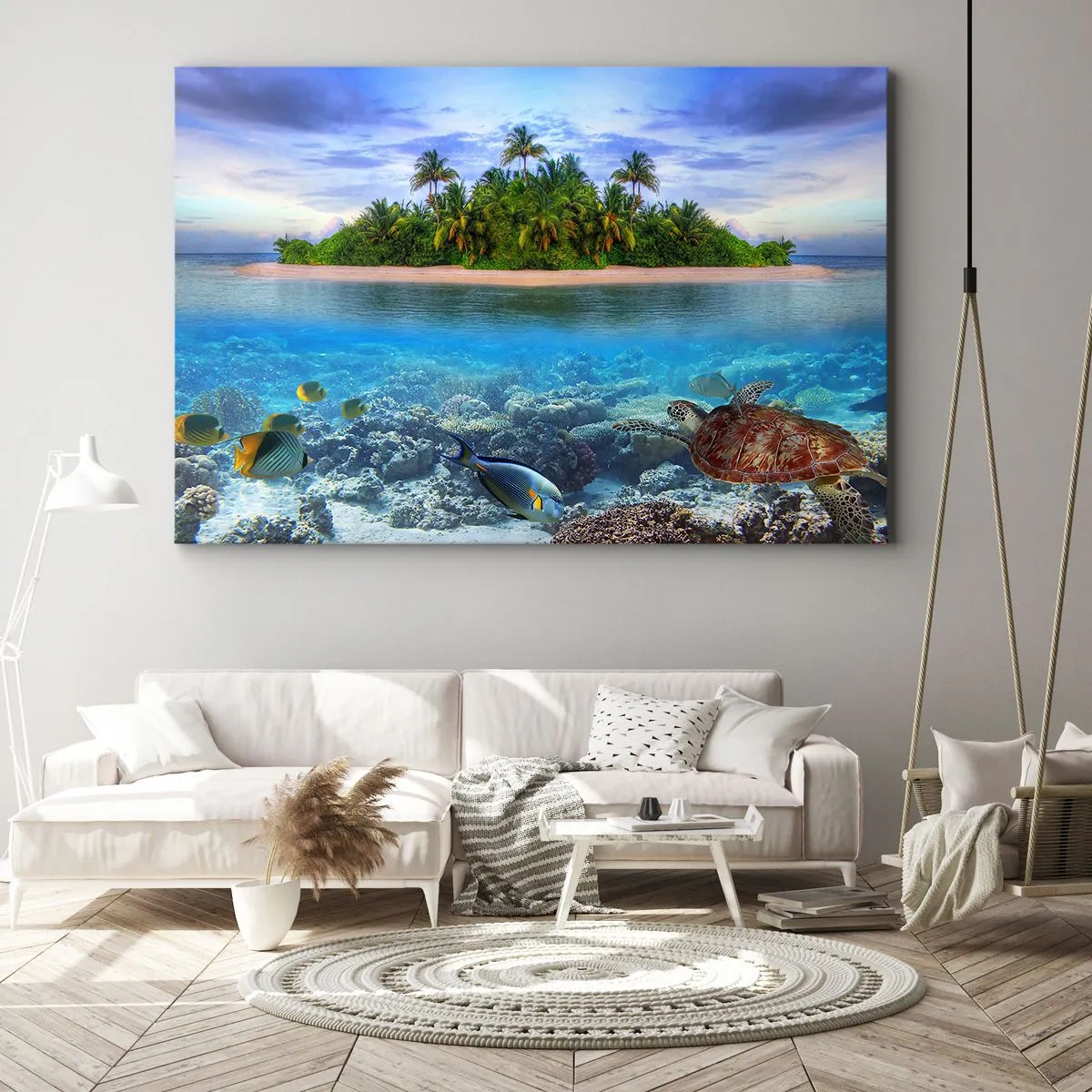 Bild auf Leinwand - Leinwandbild - Eine tropische Insel, umgeben von einem türkisfarbenen Ozean mit einem Korallenriff und Fischen. - 120x80cm - Heavenly Island lädt dich ein - Moderne Wanddekoration für Wohnzimmer und Schlafzimmer ARTTOR