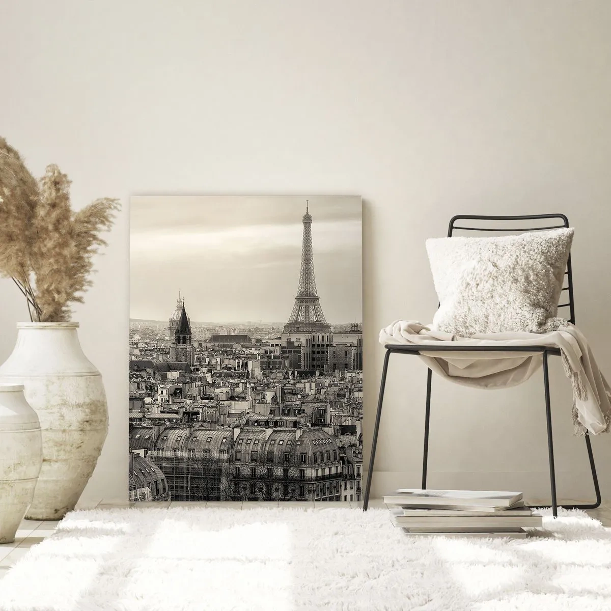 Glasbild - Bild auf glas - Panorama von Paris mit dem Eiffelturm in Sepiatönen - 80x120cm - Über den Dächern von Paris - Moderne Wanddekoration für Wohnzimmer und Schlafzimmer ARTTOR