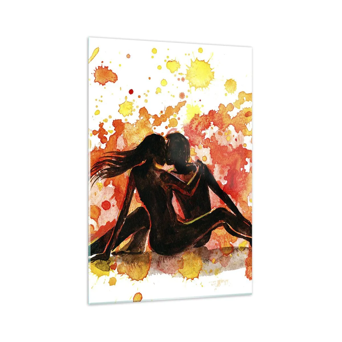 Glasbild - Bild auf glas - Ein romantisches Aquarell von zwei Menschen in warmen Farben. - 70x100cm - Und es war Licht - Moderne Wanddekoration für Wohnzimmer und Schlafzimmer ARTTOR