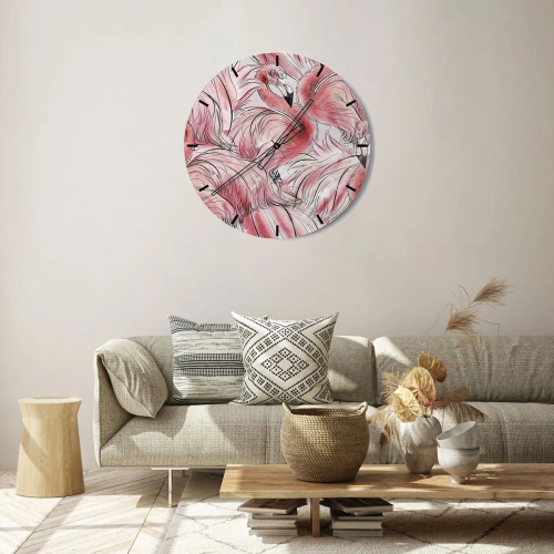 Wanduhr - Glasuhr - Rosa Flamingos in einer dynamischen, künstlerischen Komposition - 30x30cm - Bird Corps de Ballet - Moderne Wanddekoration für Wohnzimmer, Küche und Schlafzimmer ARTTOR