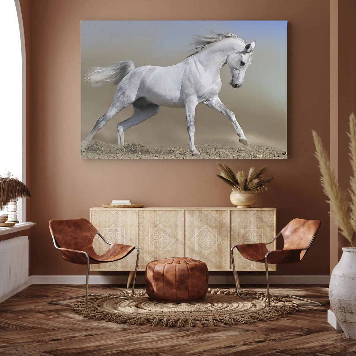 Bild auf Leinwand - Leinwandbild - Ein weißes Pferd galoppiert durch eine Wüstenlandschaft - 70x50cm - Die schönste arabische Sage - Moderne Wanddekoration für Wohnzimmer und Schlafzimmer ARTTOR