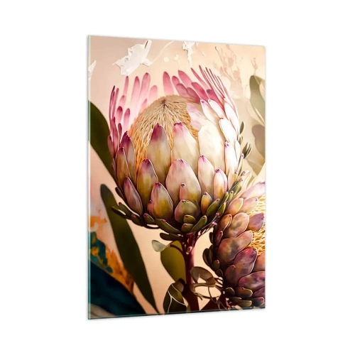 Glasbild - Bild auf glas - Protea-Blüten in warmen Tönen und sanftem Licht - 50x70cm - Zärtlich umarmt - Moderne Wanddekoration für Wohnzimmer und Schlafzimmer ARTTOR