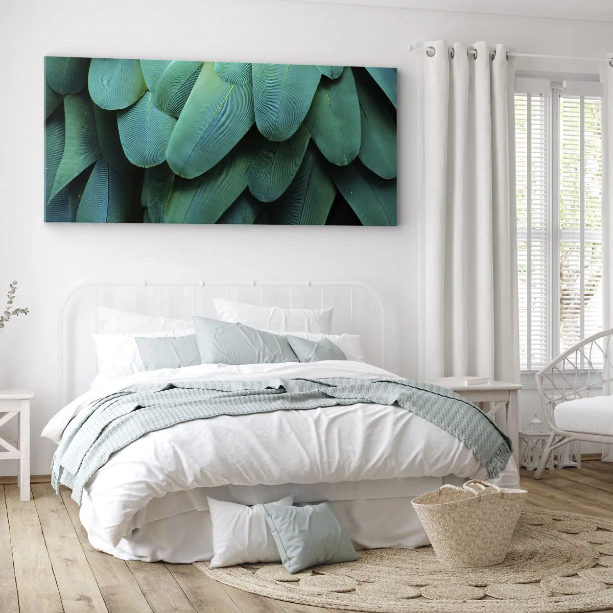 Bild auf Leinwand - Leinwandbild - Federdetails in Grüntönen - 120x50cm - Papageienartige Präzision - Moderne Wanddekoration für Wohnzimmer und Schlafzimmer ARTTOR