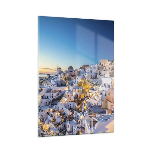 Glasbild - Bild auf glas - Panorama von Santorin bei Sonnenuntergang - 50x70cm - Die Essenz des Griechischen - Moderne Wanddekoration für Wohnzimmer und Schlafzimmer ARTTOR