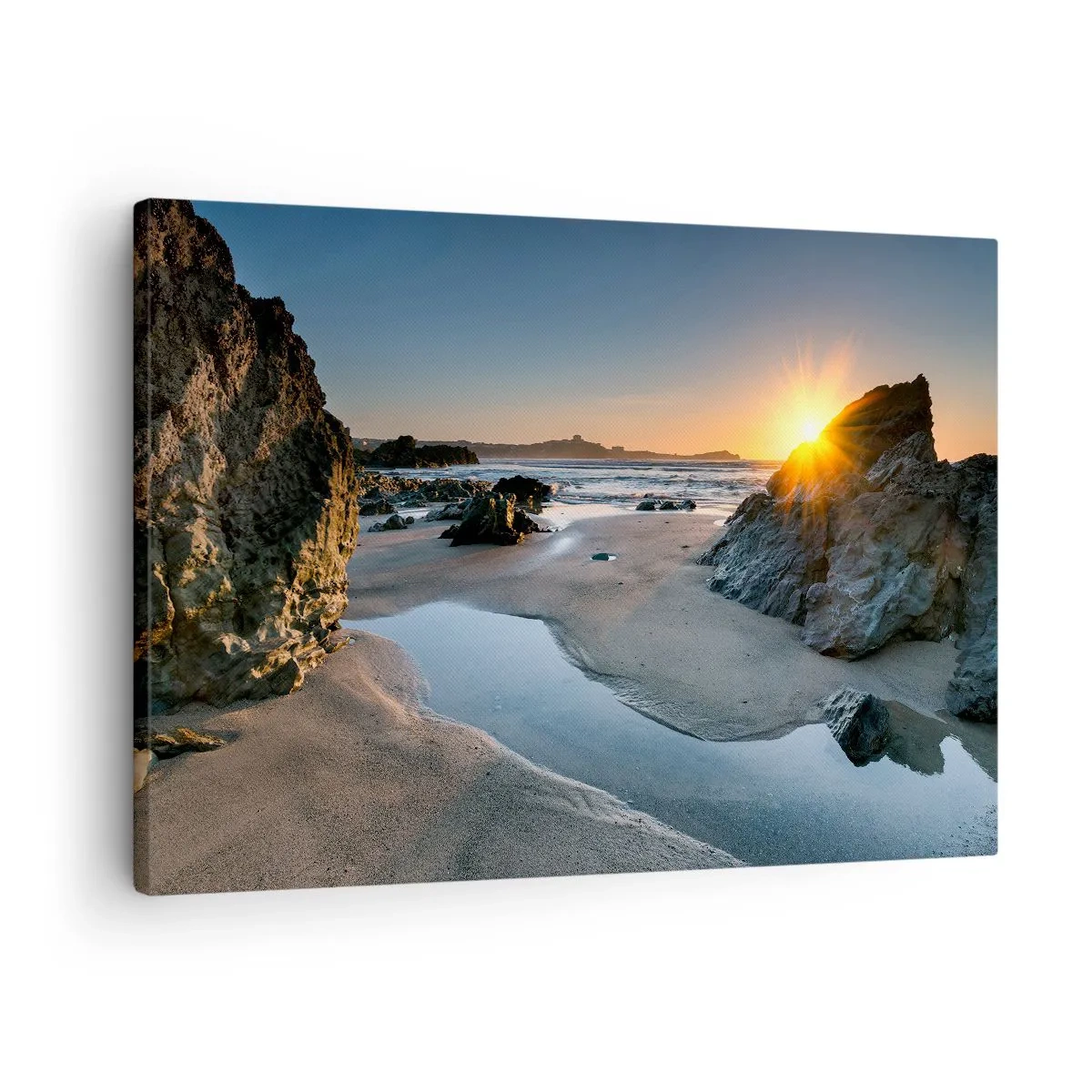 Bild auf Leinwand - Leinwandbild - Malerischer Sonnenuntergang an einem felsigen Strand - 70x50cm - Unberührt von menschlicher Hand - Moderne Wanddekoration für Wohnzimmer und Schlafzimmer ARTTOR