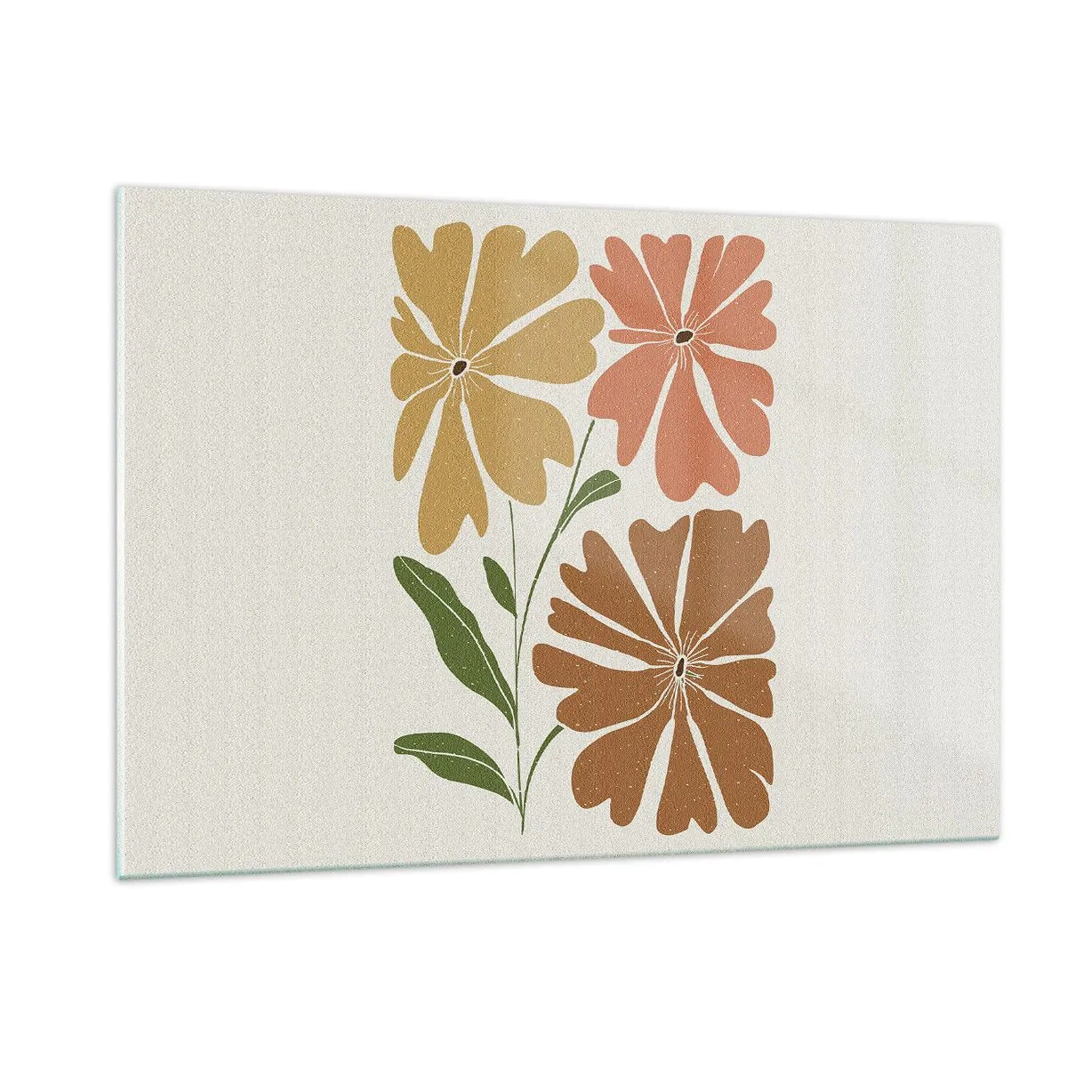 Glasbild - Bild auf glas - Drei stilisierte Blumen in warmen Farben auf hellem Hintergrund - 120x80cm - Natur und Geometrie - Moderne Wanddekoration für Wohnzimmer und Schlafzimmer ARTTOR